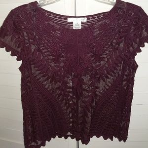 Burgundy/Maroon Sheer Lace Short Sleeve Top